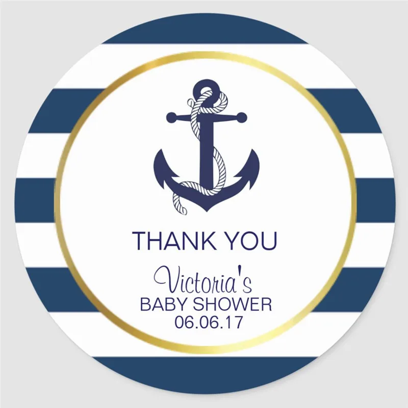 

Personalized Nautical Navy Blue Gold Stripes Anchor Baby Shower Classic Round Sticker