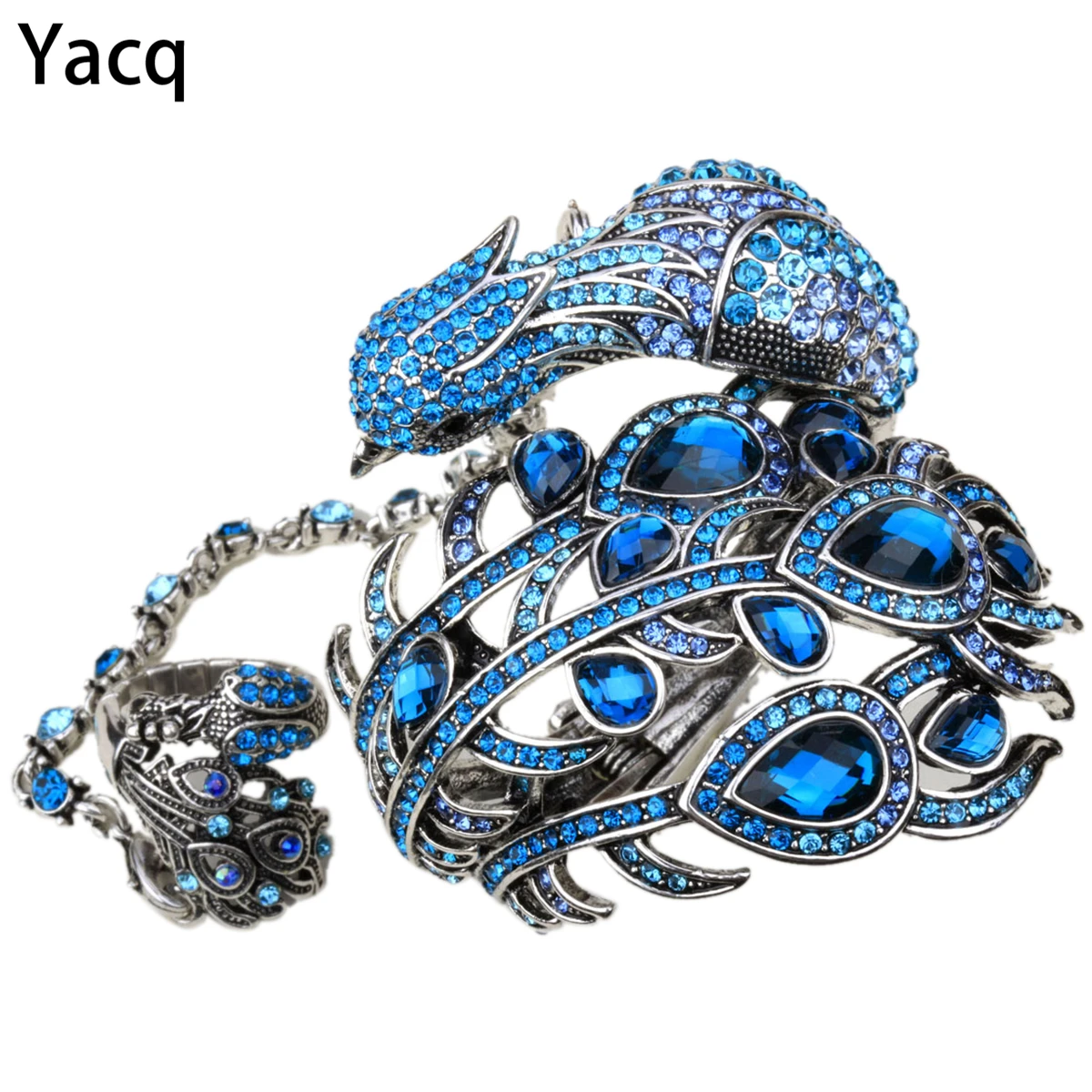 

YACQ Peacock Bangle Bracelet Slave Hand Chain Attached Ring Sets Women Jewelry Gifts A23 Silver Gold Color Dropshipping