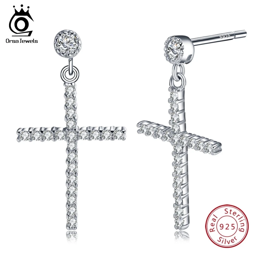 ORSA JEWELS 100% 925 стерлингового серебра большие серьги капли с крестиком AAA циркон