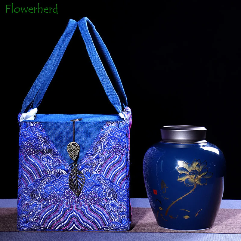 

Ceramic Porcelain Tea Caddy Fabric Bag Moisture-proof Sealed Storage Jar Coffee Container Kitchen Canisters Set Canister Set