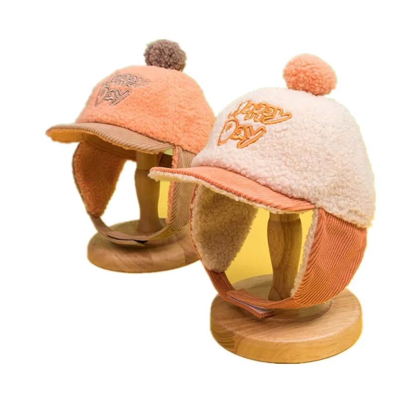 

winter cotton letter Happy day Protect the ear Cap Warm landlord hat Bomber hat for Children boy and girl 02