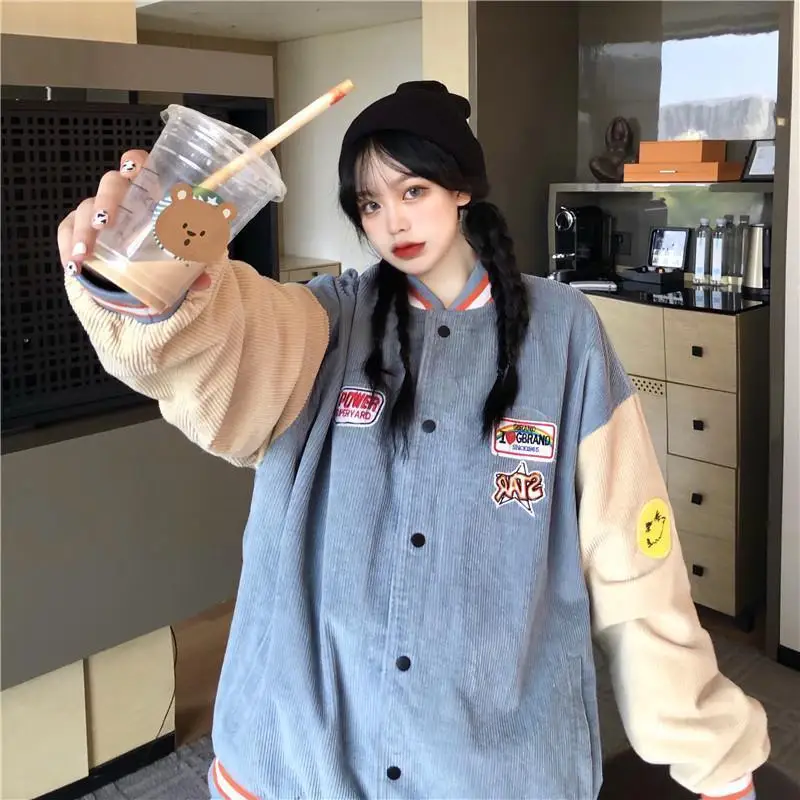 

Jacket Women Fashion Corduroy Long Coat Bomber Baseball Uniform Casual Loose Harajuku Gothic Clothes Female Ladies Streetwear