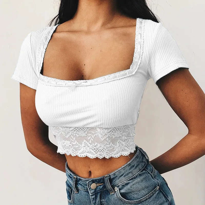 

T Shirt Tops for Women 2021 Summer Patchwork Hem Lace Up Slim Elastic Ladies Sexy Mujer Verano Vacation Cropped White Top Tshirt