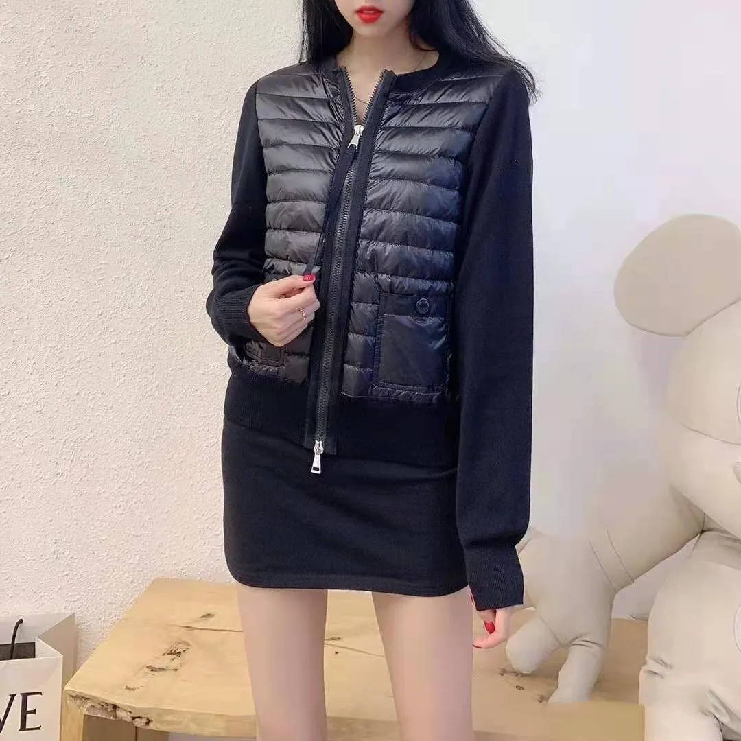 

Down Coat Knited Wool Sweater Patchwork Two Pockets 90% White Duck Down Casual Outerwear High Quality Women Light Warm