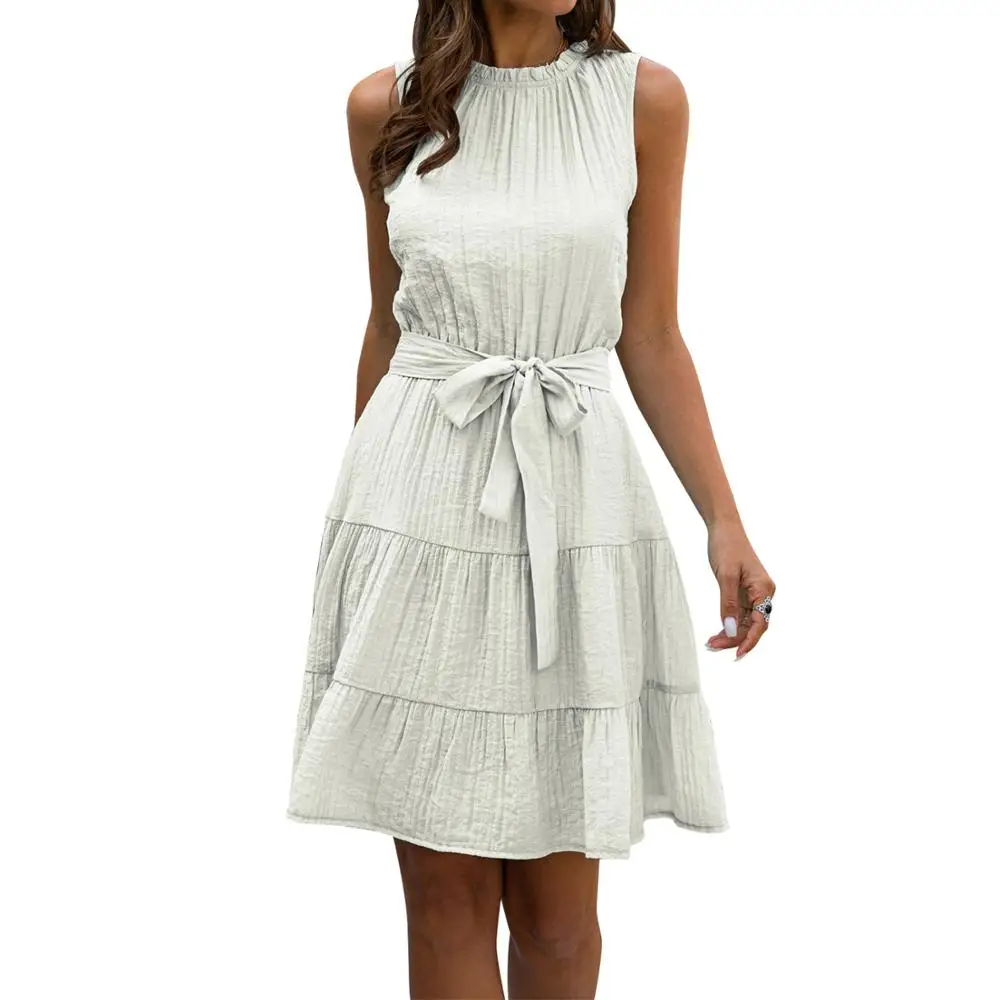 

Ladies Summer Dress Women Casual Solid Slim Sleeveless Backless Sashes O-neck A-Line Women Midi Dress Female Sundress Vestidos