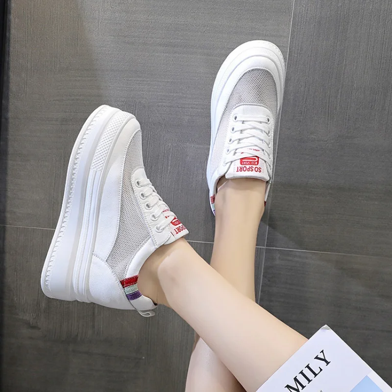 

Mesh+Genuine Leather Casual Shoes Wedges Platform Sneakers Spring Summer 9cm Heel Sneaker Shoes Women Breathable White Shoes