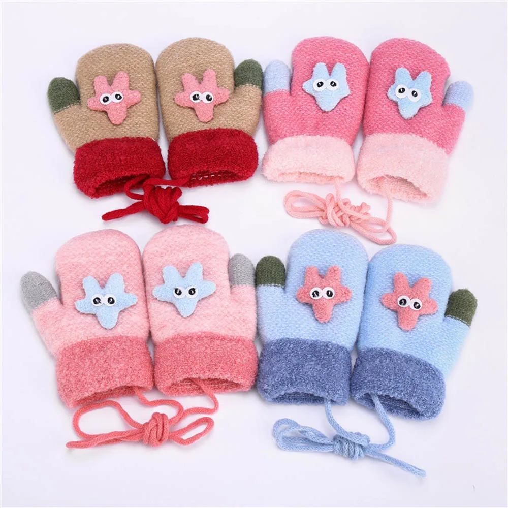 

Cute Lanyard Gloves Woolen Thick Comfortable Knit Warm Children Mittens Winter Christmas Tree Starfish Pattern Gloves Kids Gift