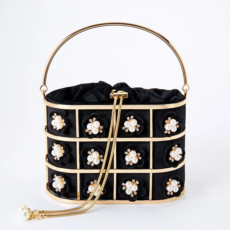 

Pearl Basket Evening Clutch Bags Women Hollow Out Korean Flowers Beaded Metallic Cage Handbag And Purses Ladies Dinner Party Bag