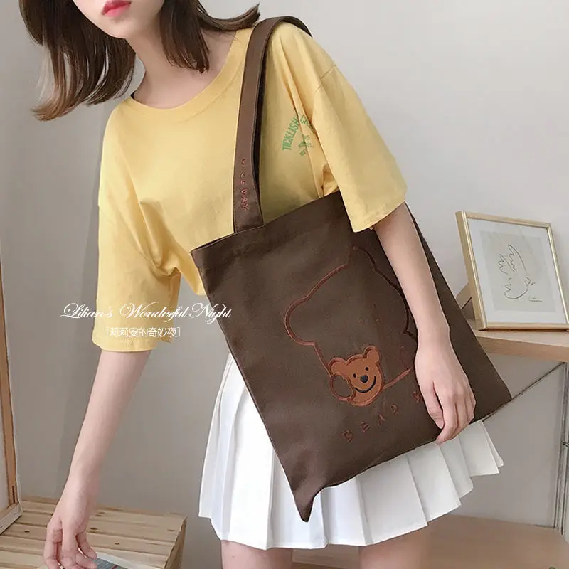 Student Girl Book Shoulder Bags Cute Biscuit Bear Women Canvas Handbags Large Capacity Ladies Shopping Bag Embroidery Cloth Tote | Багаж и