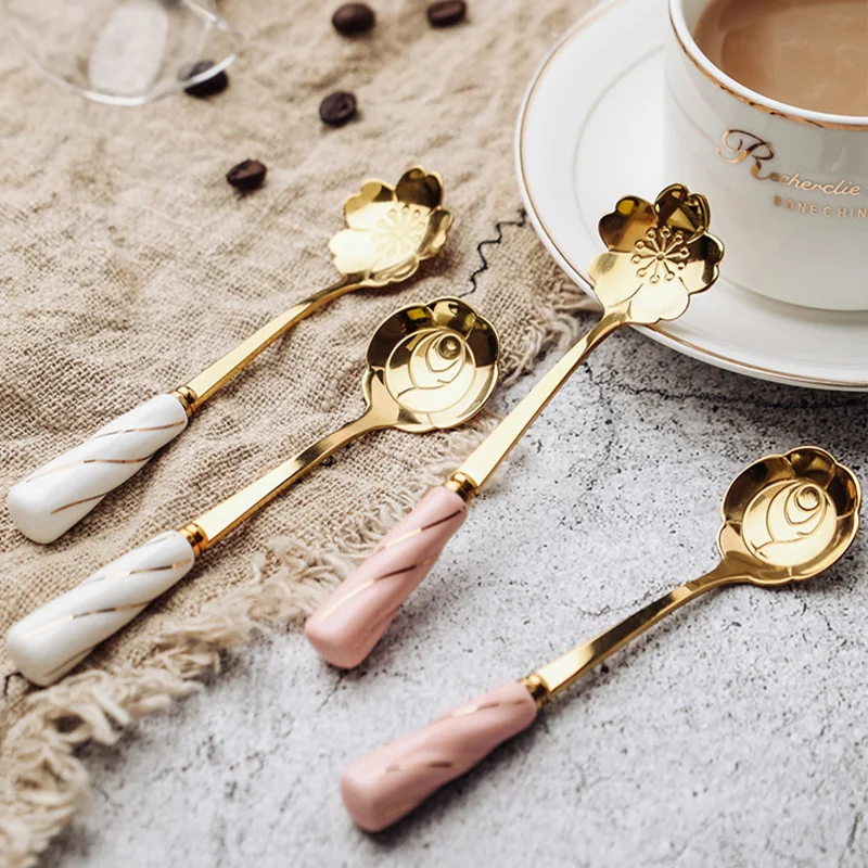 

1pc Stainless Steel Flower Spoon Ceramic Handle Spoon Mixing Spoon Elegant Coffee Dessert Flower Spoon European Style
