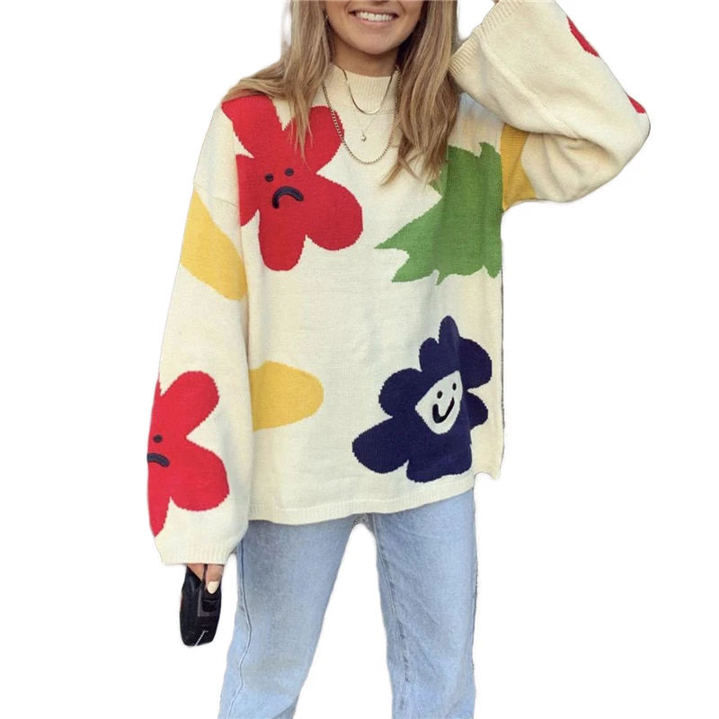 

Hirigin Women Fashion Flower Printing Round Neck Knitwear E Girl Tops Floral Sweater Y2K Aesthetic Long-sleeved Loose Sweater