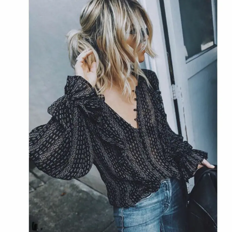 2019 рубашка в стиле ретро женские черные Boho офисные повседневные воздушные шары с