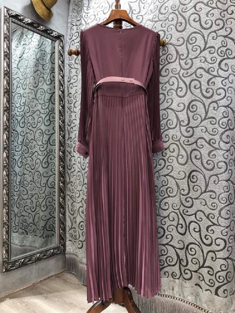 

High Quality Brand New 2021 Spring Summer Long Dress Women O-Neck Beading Belt Deco Long Sleeve Pleated Maxi Dress Purple Coffee