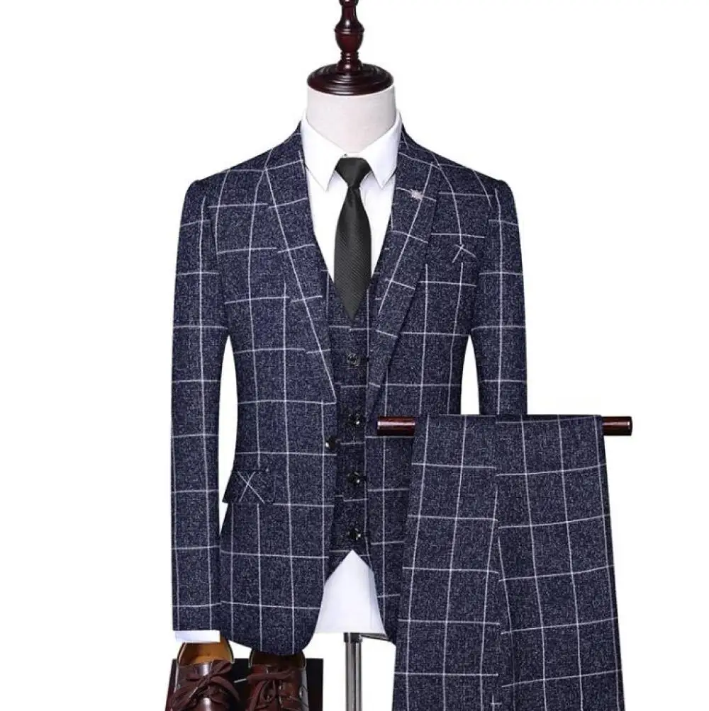 New Wedding Large Size Mens 3 Piece Slim Fit Plaid Suit Navy Blue Single Breasted Vintage Suits