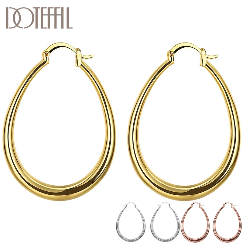 

DOTEFFIL 925 Sterling Silver/Gold/Rose Gold Smooth U Circle Earrings For Women Lady Engagement Wedding Charm Silver Jewelry