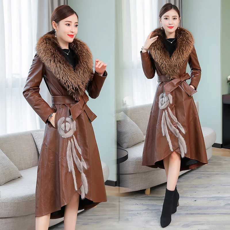 

Office Lady Womens Pu Leather Jackets And Coats Big Fur Collar Female Jacket Belt Chaquetas Mujer Women's Down Jacket