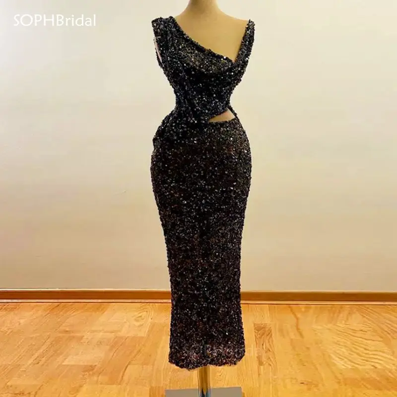 

New Arrival Black Sequined Evening Dress 2021 Vestidos South African Tea Length Robe De Soiree Sleeveless Formal Party Dress