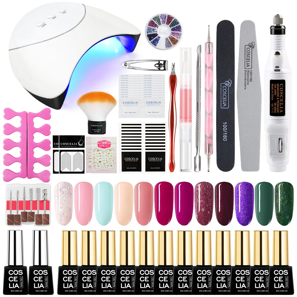 12pc nail kit Маникюрный набор для маникюра с 36 Вт светодиодной лампой для ногтей, машинка для сверления ногтей, Набор лаков для ногтей, набор акриловых инструментов для дизайна ногтей - Цвет: 12pc nail kit