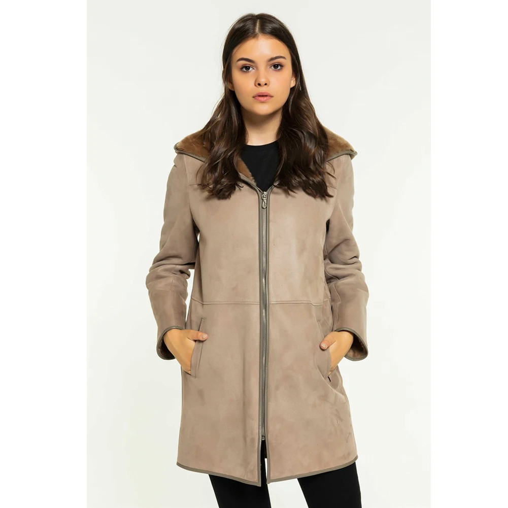 2019 New Womens Casual Shearling Coat Turkey Sheepskin Coat Long Fur Jacket Hooded Trench Coat
