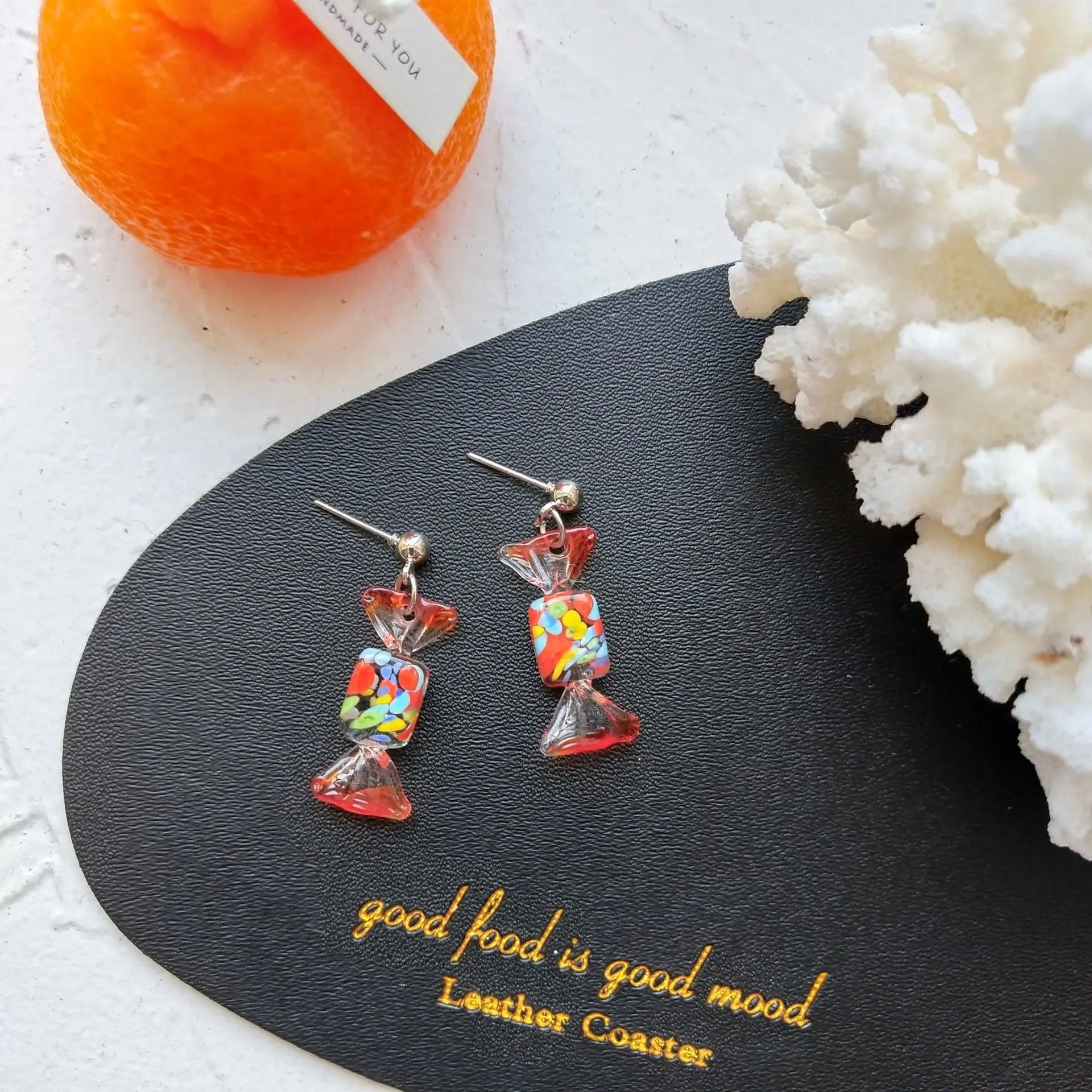 

Multi-color candy cute contrast color girl heart candy Japanese and Korean glass earrings