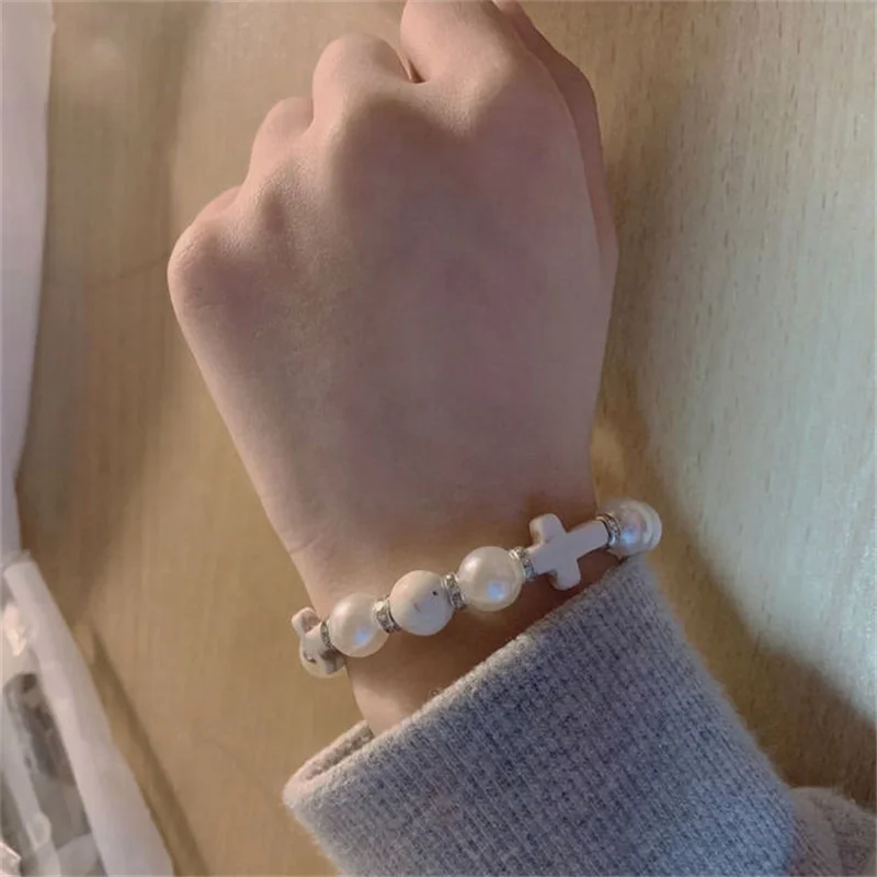 

Korean version of the bracelet pearl cross turquoise Harajuku style personality hip hop bracelet punk jewelry wholesale