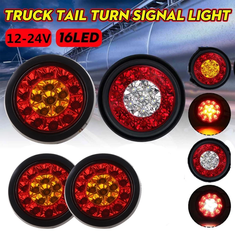 

2pcs Car Round LED Amber Red Taillights 16LED 12V Stop Brake Running Reverse Backup Light for Truck Trailer Bus