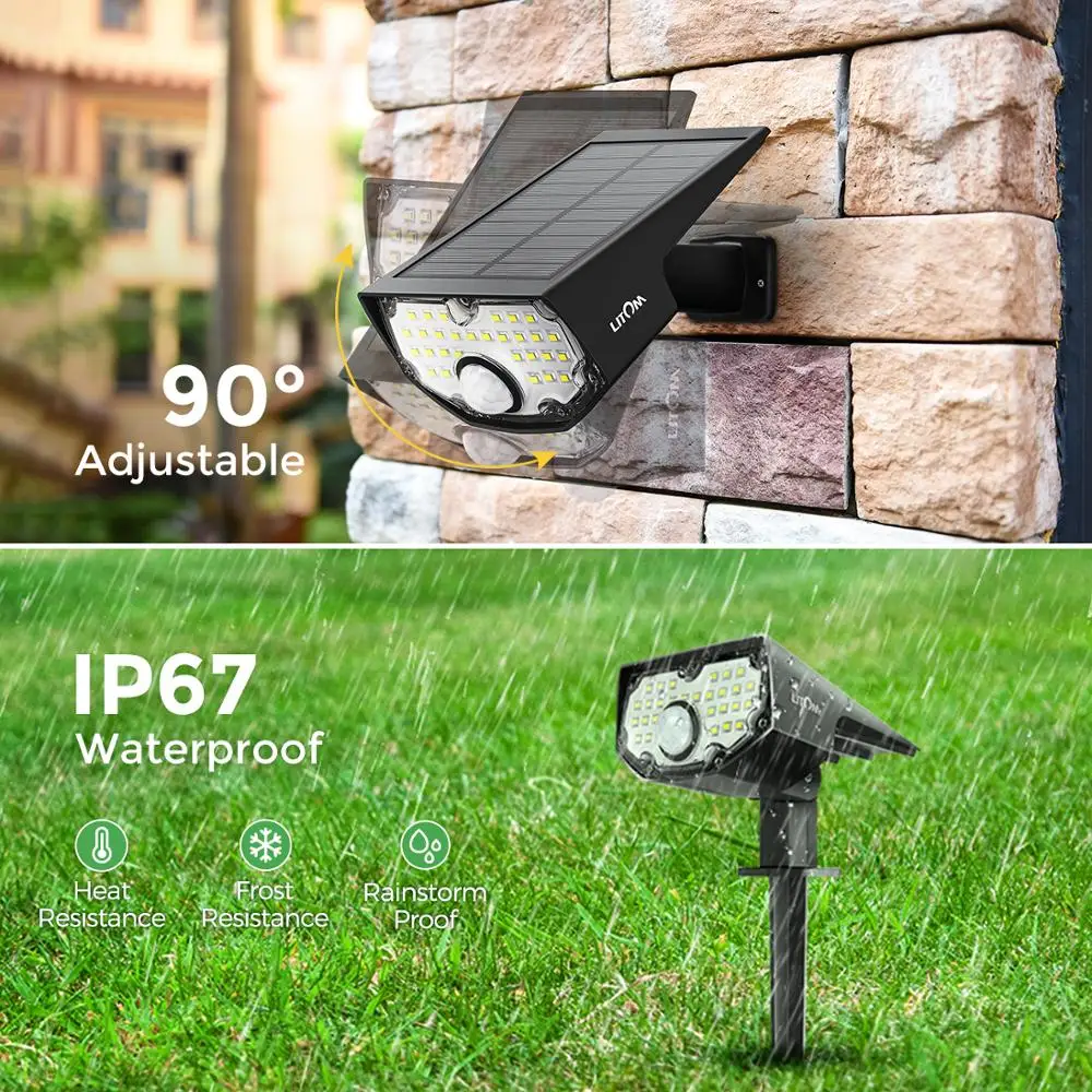 2 Pack LITOM 30 LED Solar Landscape Spotlights PIR Motion Sensor Wall Light with 3 Optional Modes 2-in-1 Garden | Лампы и освещение