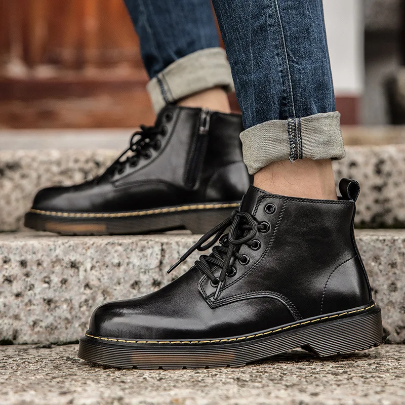 

men's leisure original leather boots black brown platform tooling shoes outdoors cowboy desert boot spring autumn ankle botas