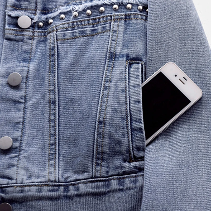 

Casaco Feminino Women Clothing Vintage Blue Denim Jackets Spring Rivet Single-Breasted Long Sleeved Vintage Female Jeans Coat