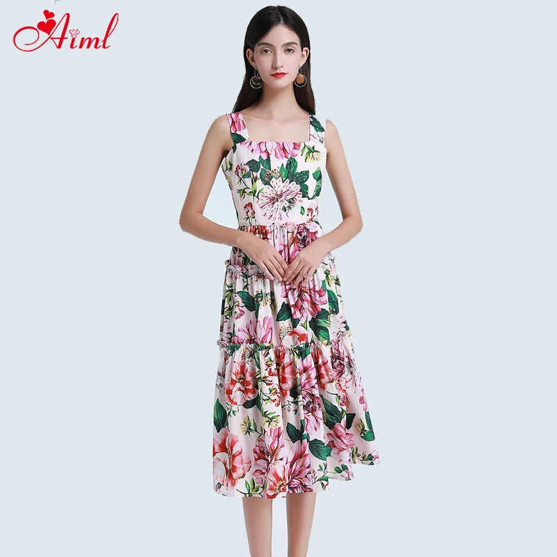 

2020 Summer Designer Spaghetti Suspenders Leisure Dress Female Elegant floral Print Holiday a Line Dresses Ladies Midi Dress New