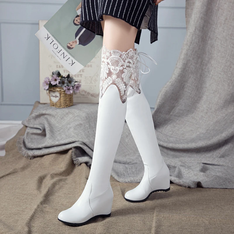 

winter boots shoes Female knee wedge boots lace women's bootsPu Leather Wedge Women Over The Knee Boots Round Toe Footwear 34-43