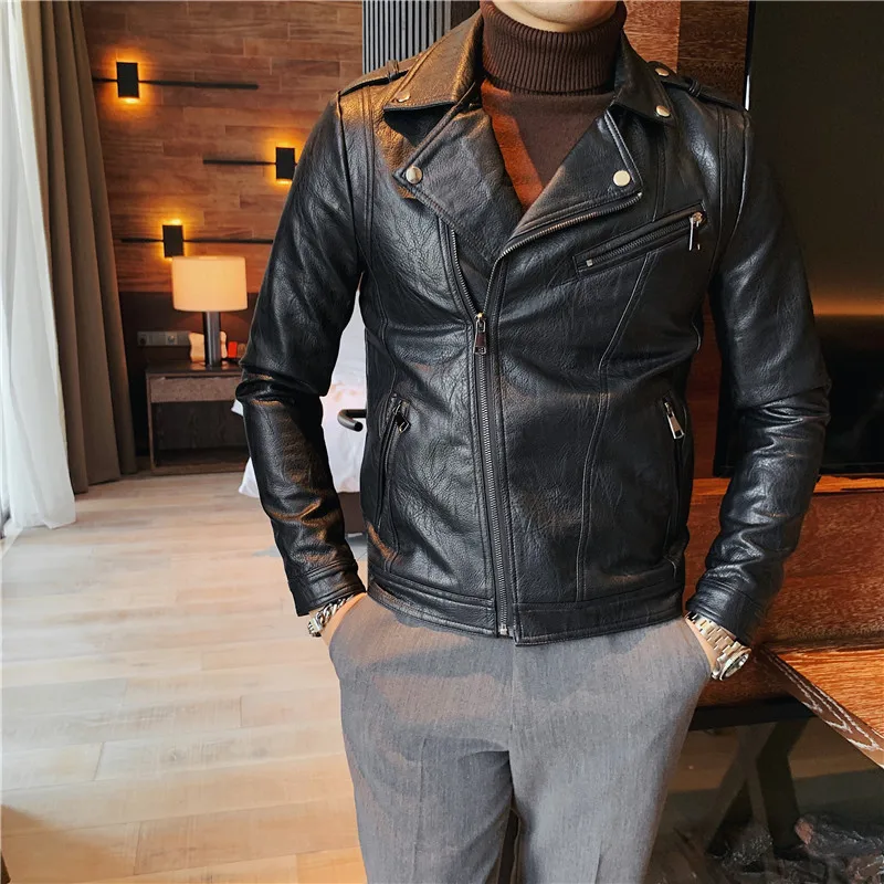 Новый стиль Мужская Весенняя локомотивная кожаная куртка для отдыха/Мужская облегающая модная короткая кожаная куртка/мужская одежда