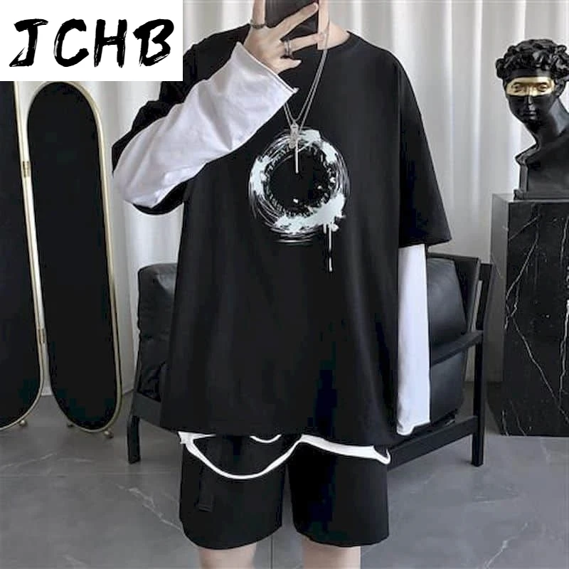

2021 T-shirt Woman Tshirts Goth Korean Ins Fake Two-piece Long-sleeved T-shirt Male Student Korean Loose Sweater Couple Top Clot