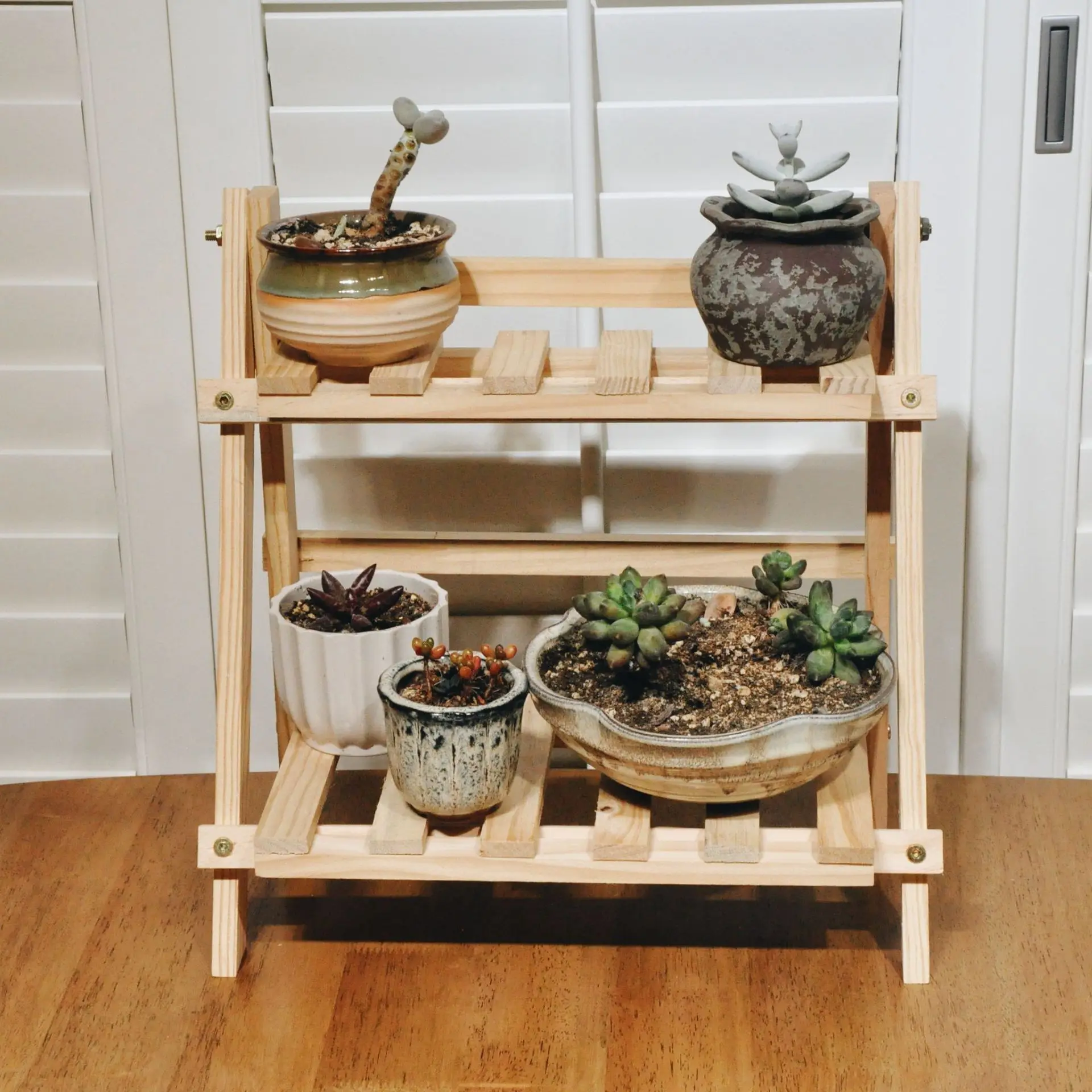 2 Tiers Foldable Plant Shelves Balcony Flower Stand Rack Wooden Indoor & Outdoor Flower Pot Stand Home Planter Display Organizer