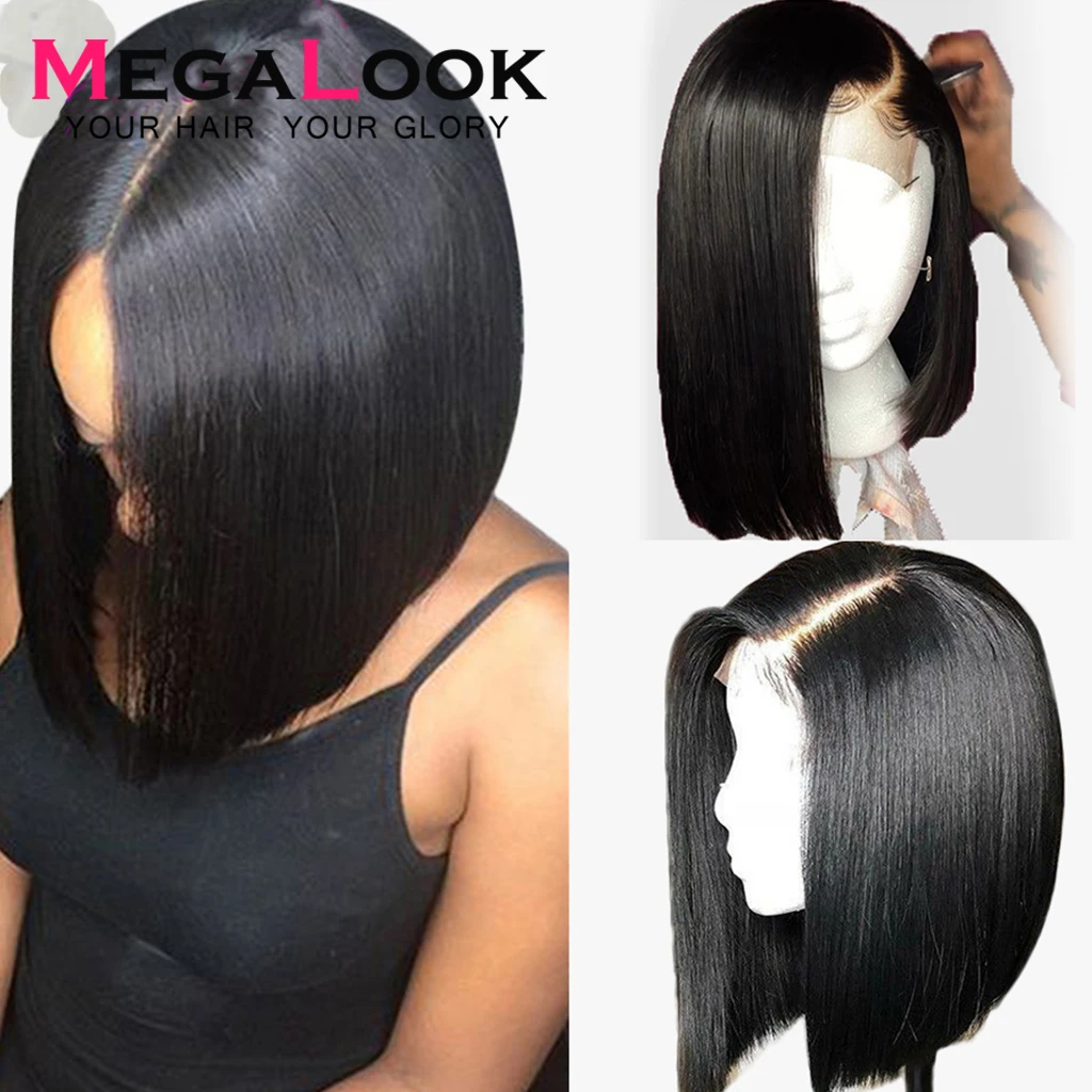 Megalook Ким К парик закрытие парик прямой 2by6 короткие человеческие волосы парик Боб кружевные парики бразильские волосы парики Короткие натуральный цвет Remy