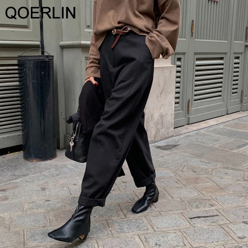 

QOERLIN Pure Cotton Suits Pants Ladies Trousers Casual High Waist Trouser Temperament Retro Brief Straight Harem Pants Plus Size