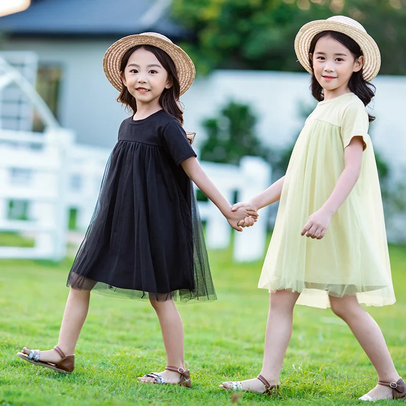 Black Mesh Patchwork Dresses For Girls Summer 2022 Short Sleeve Dress Clothing Teenage Girl Knee Length Cute Clothes | Детская одежда и