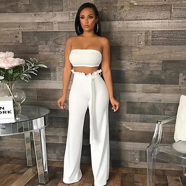 Women Sexy Two Piece Pants Set Strapless Crop Top and 2 Solid Ruffles Wide Leg Trousers 2pcs Outfit DW651 | Женская одежда