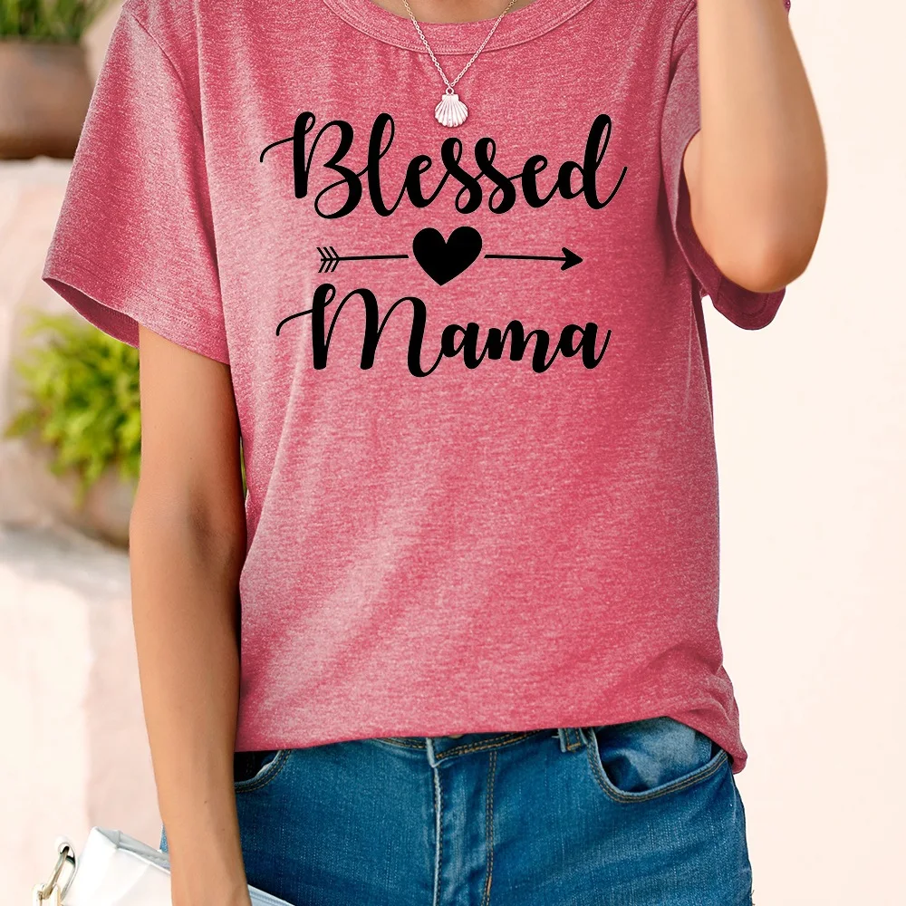 

Female Bleesed Mama Letter Print Women European Style Lady Comfort Casual 90s Fashion Kawaii Creative Clothing T-Shirt Regular