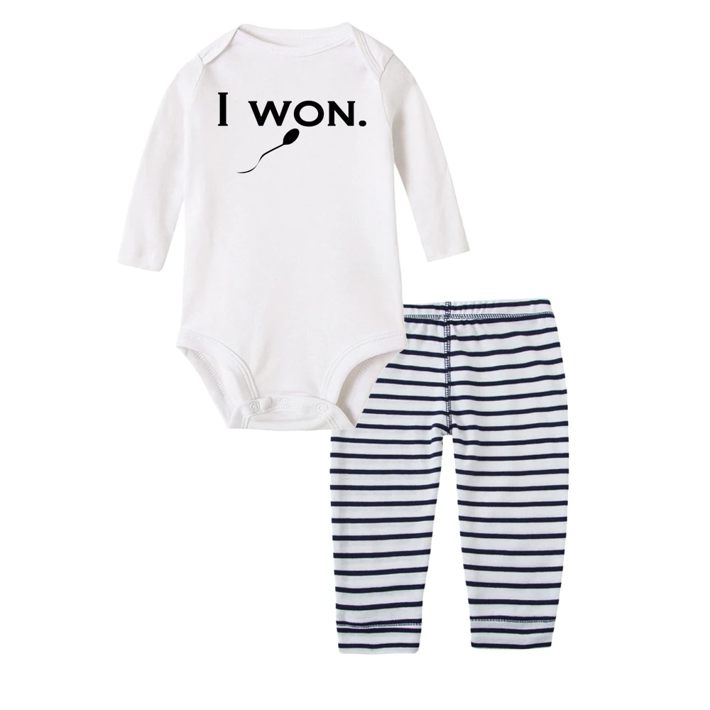 

I Won Funny Infant Baby Boys Girls 2pcsRomper Sets Fashion Toddler Long Sleeve Tops Striped Pants Clothing Suits