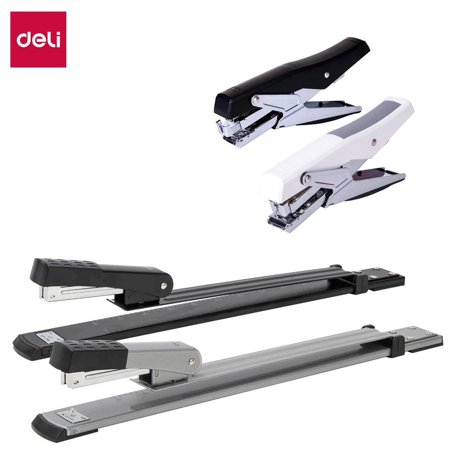 DELI Long Arm Stapler Plier Stapler Machine Black Grey Color Metal Structure Paper Sewing Machine Office Stationery