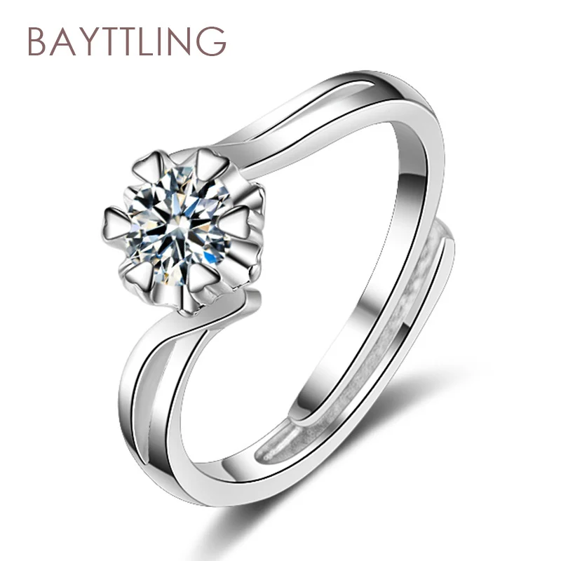 

BAYTTLING Silver Color Fine Carved Round Zircon Open Ring For Women Fashion Charm Wedding Gift Jewelry