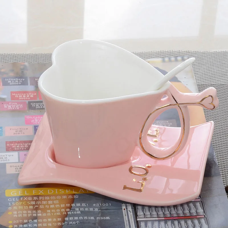Cup Bone China Ceramic heart cup creative couple set coffee with spoon gift pink white | Дом и сад