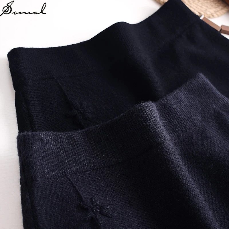 

SOMAL 2020 Autumn Winter Women's Emfroidery A Line Black Midi Skirt Elastic High Waist Knitted Long Skirt Office Lady for Party