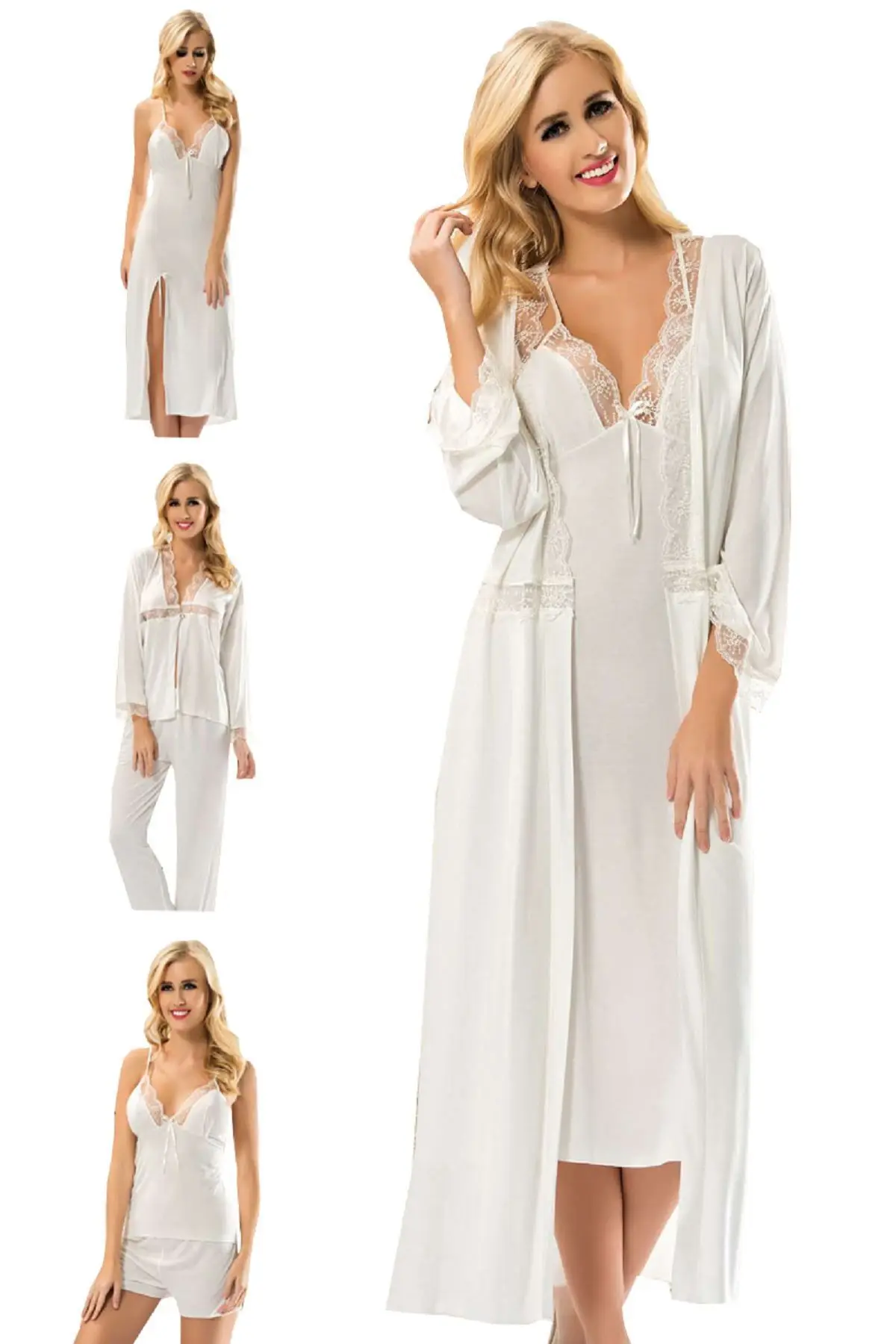 

Combed Dowries 6 'l Set female sexy home clothing long lace detail nightgown dressing gown undershirt shorts pajama Set
