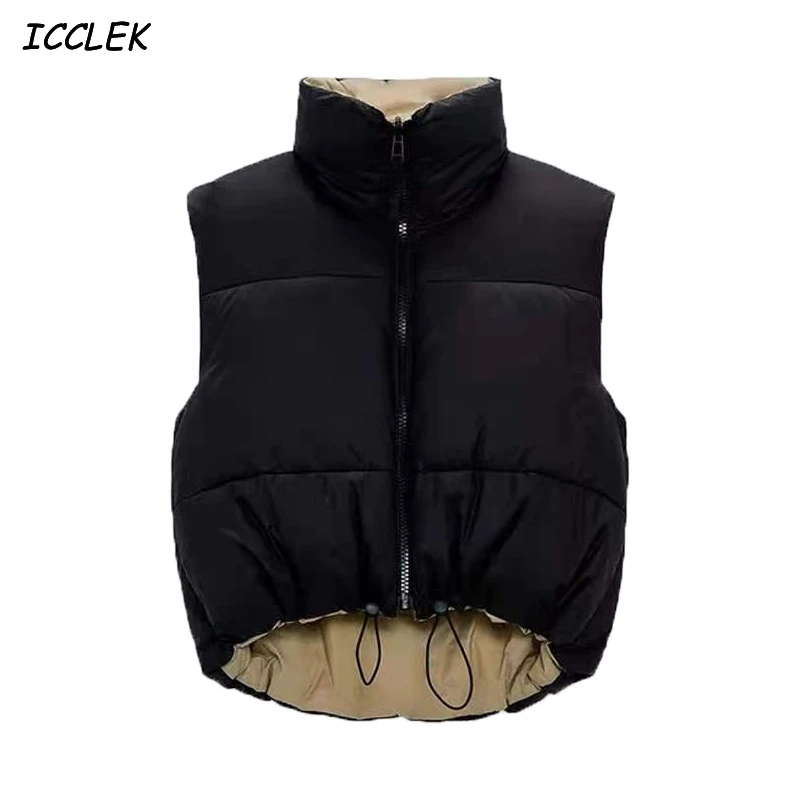 

Icclek Women's Parkas Coats Armygreen Waistcoat Female Jackets Sleeveless Black Outwear Zipper Warm Thick Outerwear Vintage