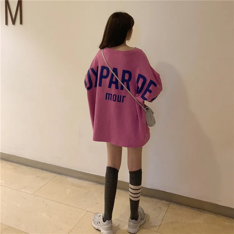 Ulzzang Топы mujer осень vogue корейский стиль одежда уличная панк с буквенным принтом Большие размеры с длинным рукавом Повседневная футболка женская