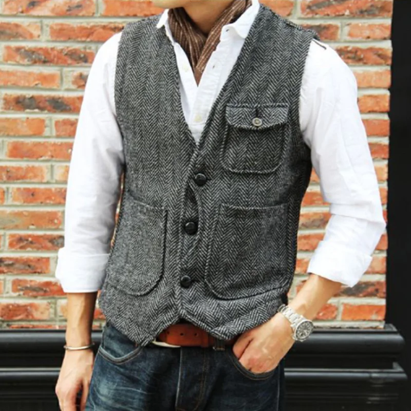 

Men's Retro Tweed Suit Vest V-neck Wool Vest Casual Vest Best Man Men's Steampunk Waistcoat Outwear Tops жилетка мужская