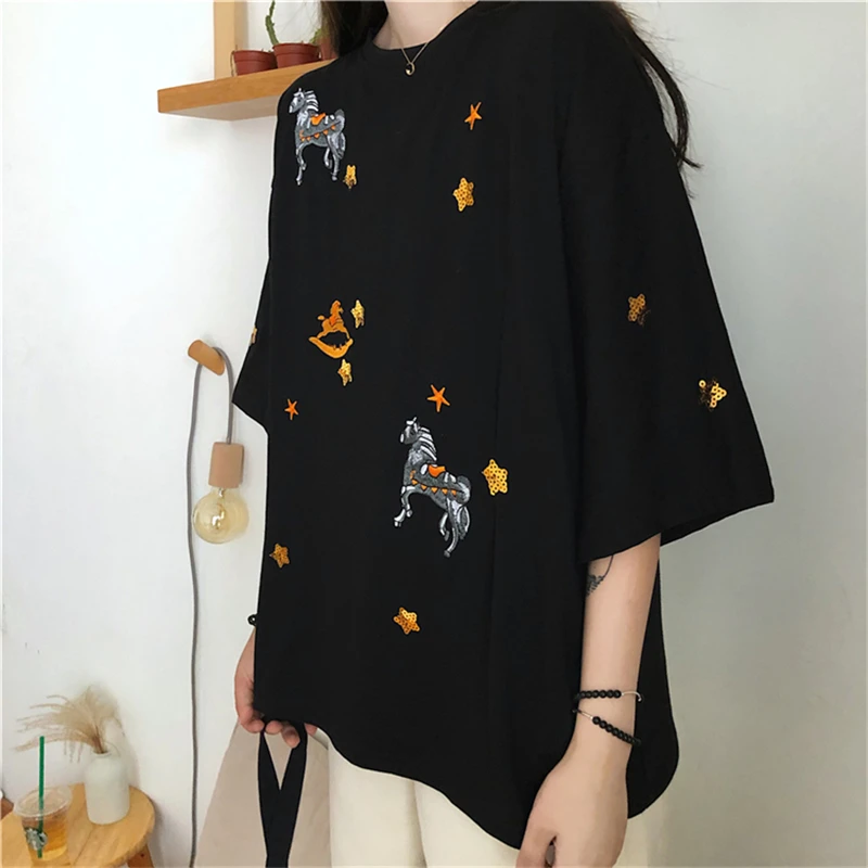 Женская футболка с короткими рукавами Shellsuning Повседневная из 100% хлопка вышивкой