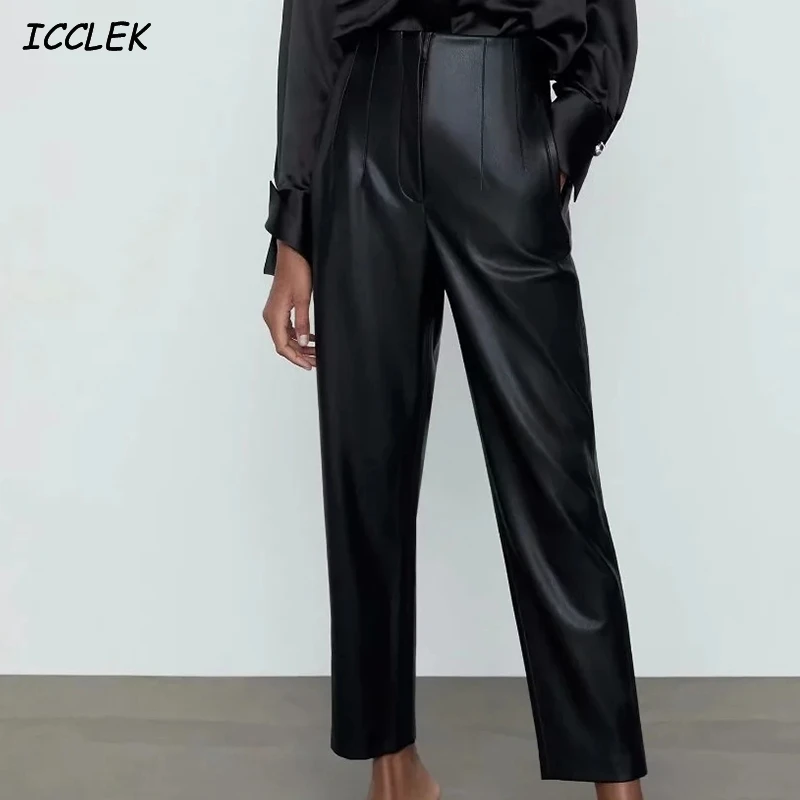 

Icclek PU Pants Women's Black High Waist Trousers Mujer Faux Leather Straight Pant Solid Formal Pant Spring Casual Pant